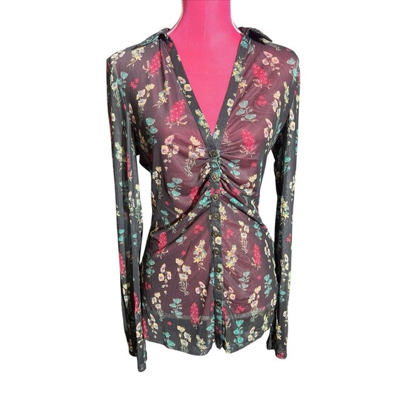 Natural Life Carina Floral Mesh Sheer Button Front Top Boho Womens Sz L - Picture 1 of 9